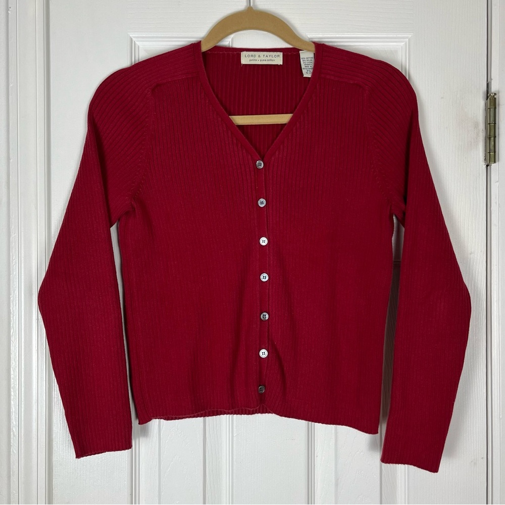 Lord & Taylor Petite Red Pima Cotton Stretch Ribbed Cardigan Sweater